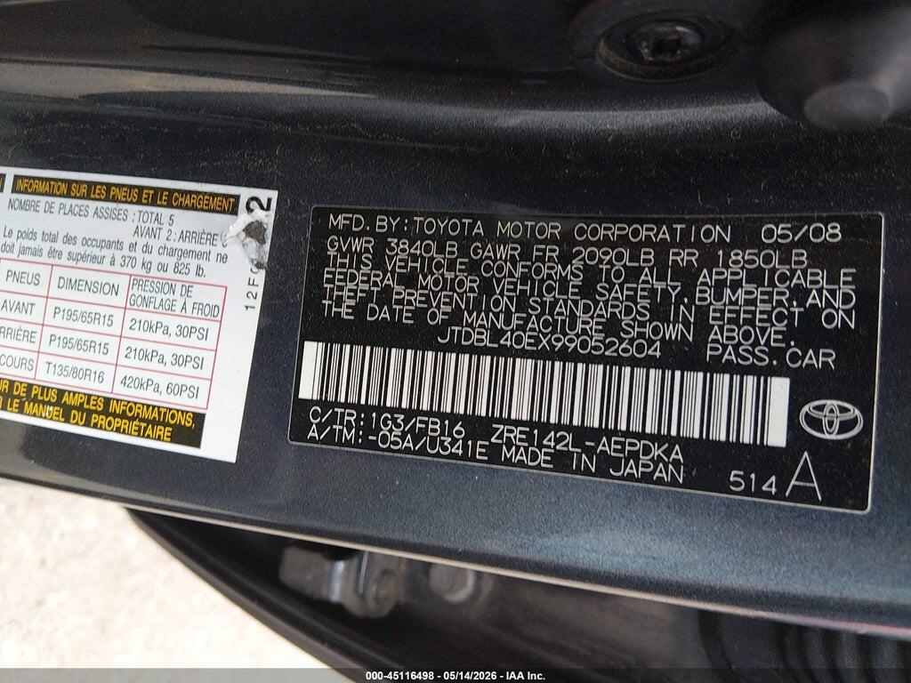JTDBL40EX99052604 2009 TOYOTA COROLLA photo no. 9