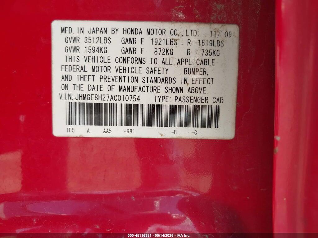 JHMGE8H27AC010754 2010 HONDA FIT photo no. 9
