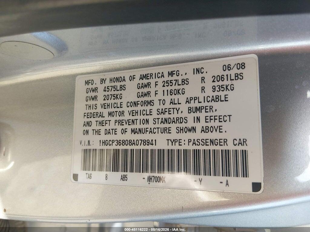 1HGCP36808A078941 2008 HONDA ACCORD photo no. 9