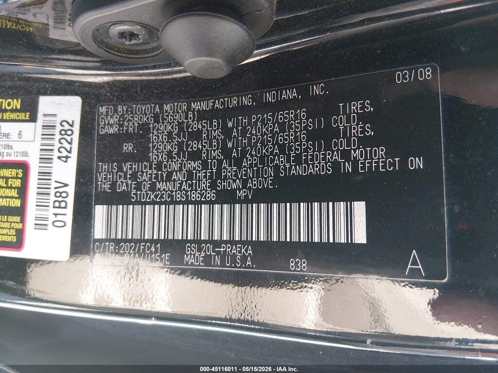 5TDZK23C18S186286 2008 TOYOTA SIENNA photo no. 9