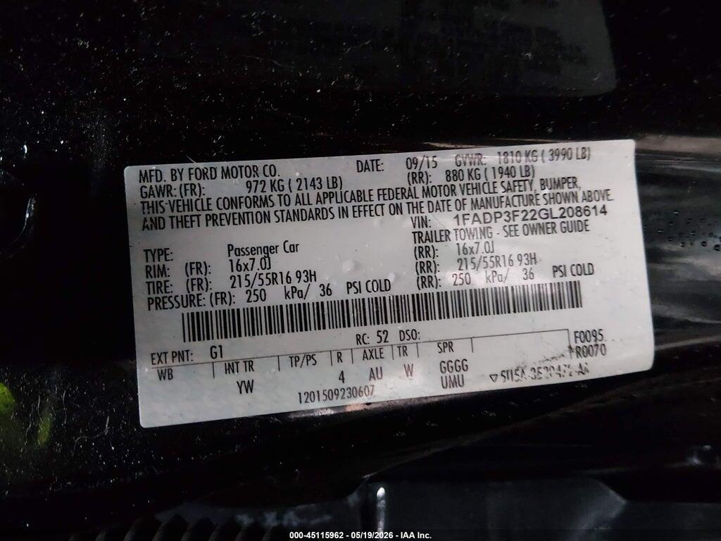 1FADP3F22GL208614 2016 FORD FOCUS photo no. 9