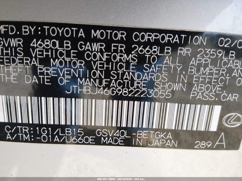 JTHBJ46G982223055 2008 LEXUS ES 350 photo no. 9