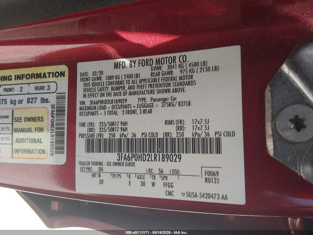 3FA6P0HD2LR189029 2020 FORD FUSION photo no. 9