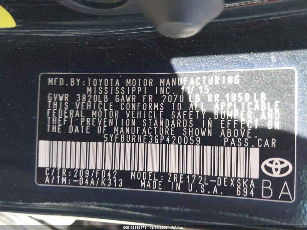 5YFBURHE3GP420059 2016 TOYOTA COROLLA photo no. 9