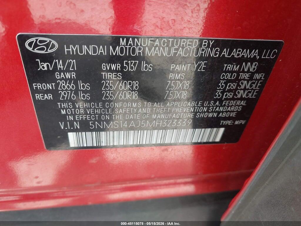 5NMS14AJ5MH323339 2021 HYUNDAI SANTA FE photo no. 9