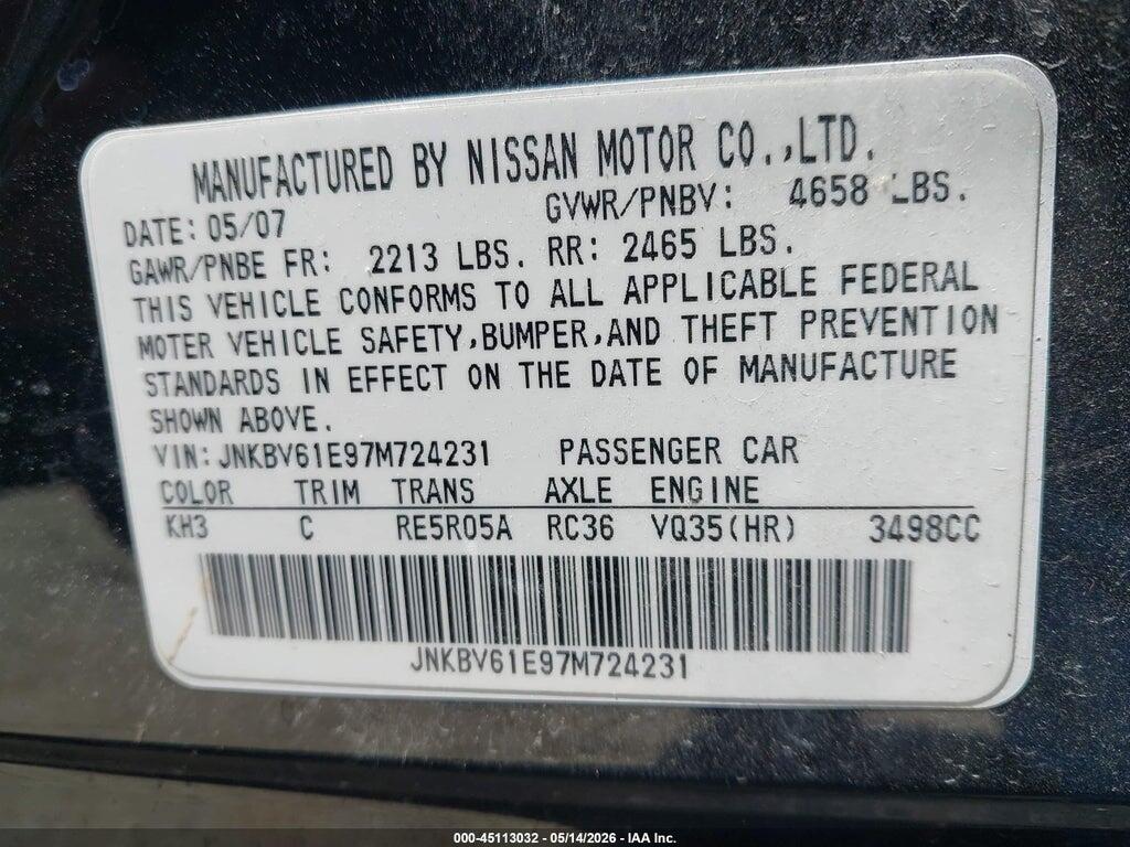 JNKBV61E97M724231 2007 INFINITI G35 photo no. 9