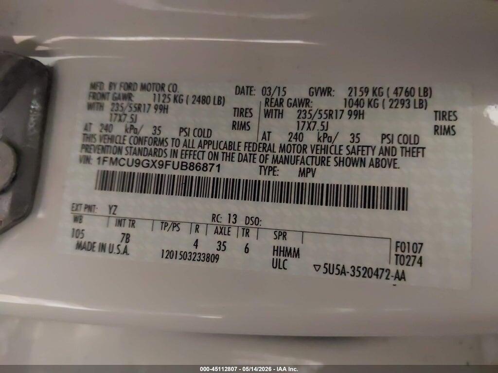 1FMCU9GX9FUB86871 2015 FORD ESCAPE photo no. 9