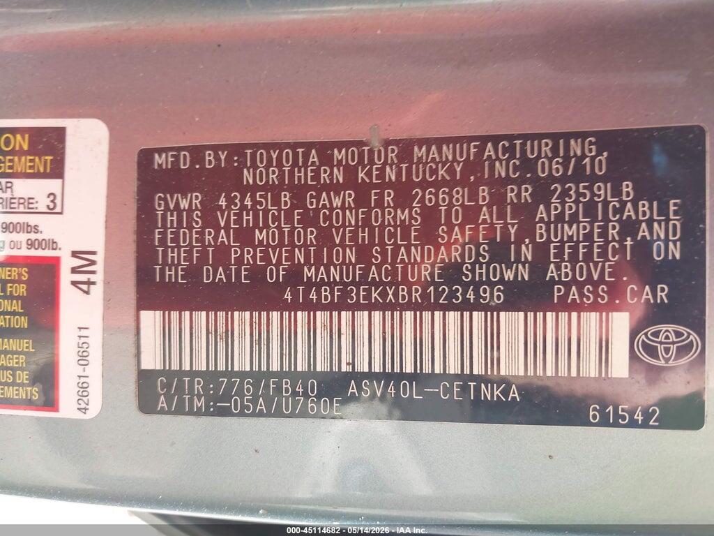4T4BF3EKXBR123496 2011 TOYOTA CAMRY photo no. 9
