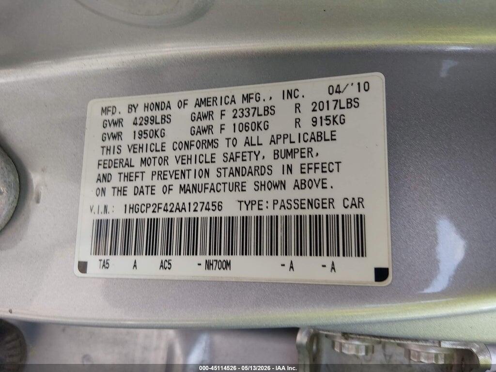1HGCP2F42AA127456 2010 HONDA ACCORD photo no. 9