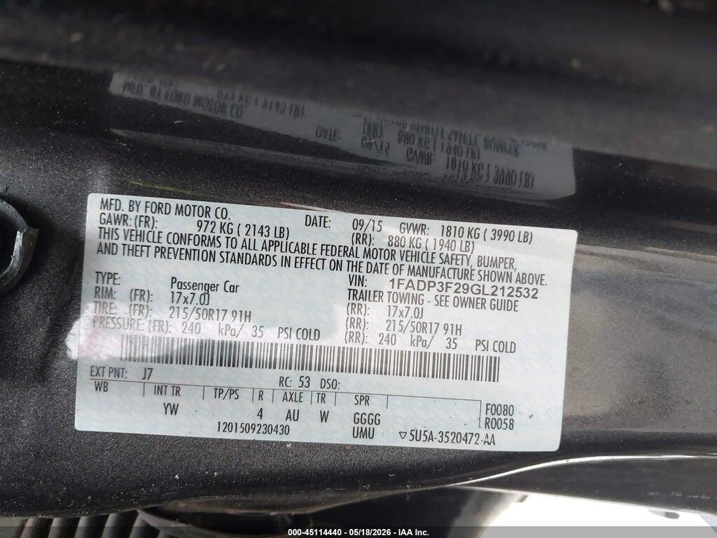 1FADP3F29GL212532 2016 FORD FOCUS photo no. 9