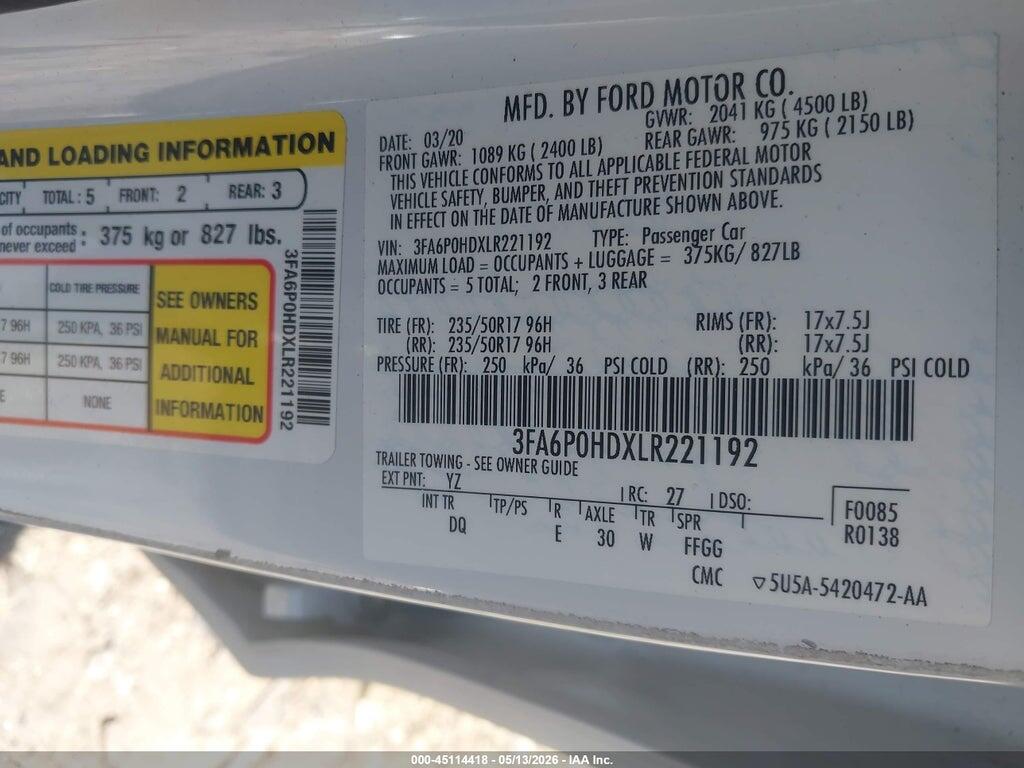 3FA6P0HDXLR221192 2020 FORD FUSION photo no. 9