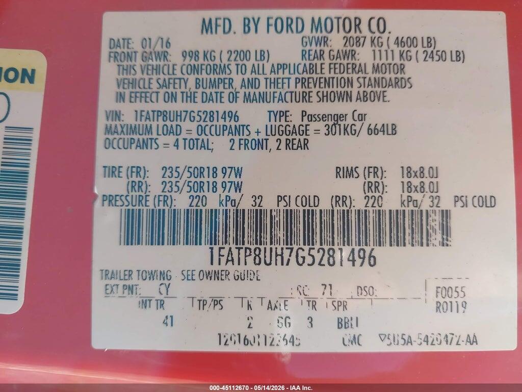 1FATP8UH7G5281496 2016 FORD MUSTANG photo no. 9