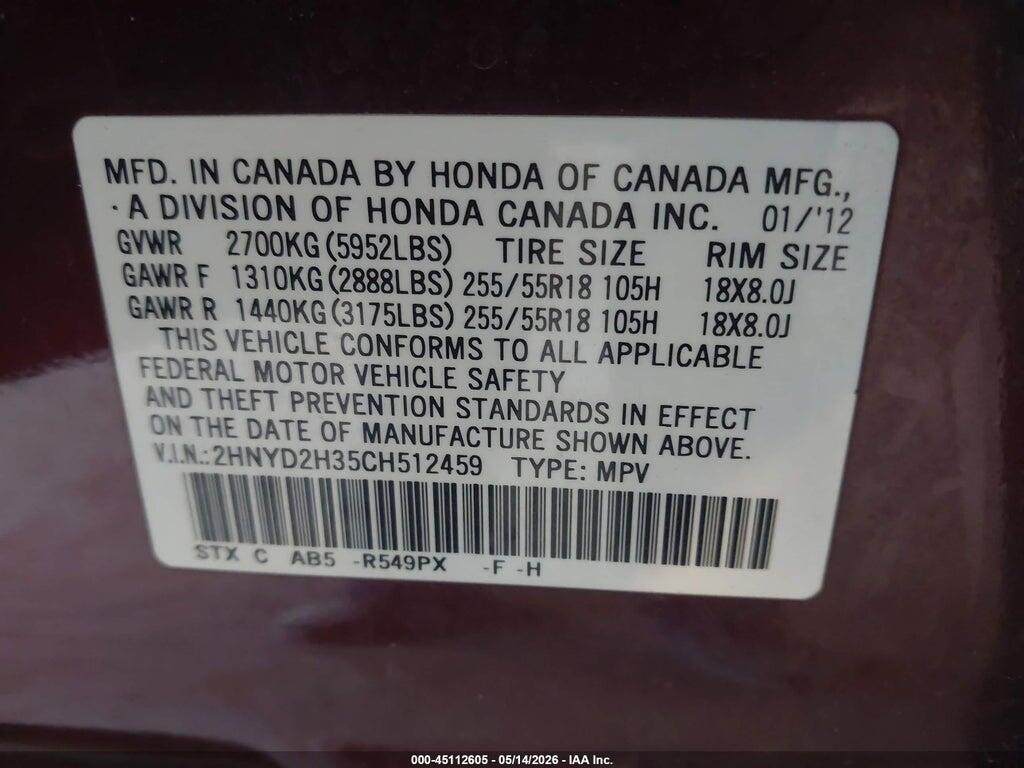 2HNYD2H35CH512459 2012 ACURA MDX photo no. 9