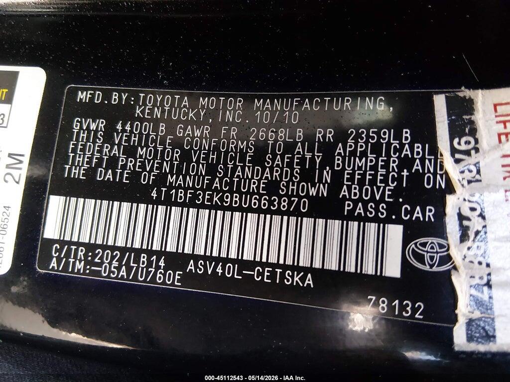 4T1BF3EK9BU663870 2011 TOYOTA CAMRY photo no. 9