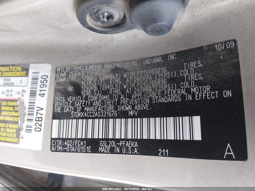5TDKK4CC2AS331676 2010 TOYOTA SIENNA photo no. 9