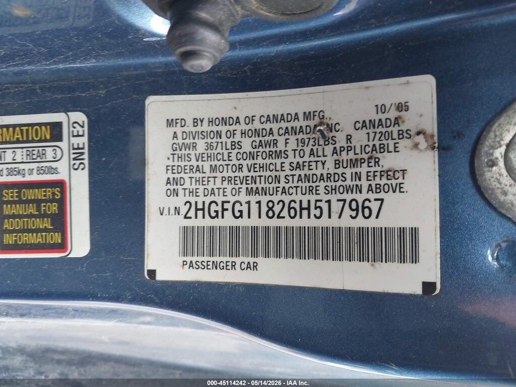2HGFG11826H517967 2006 HONDA CIVIC photo no. 9