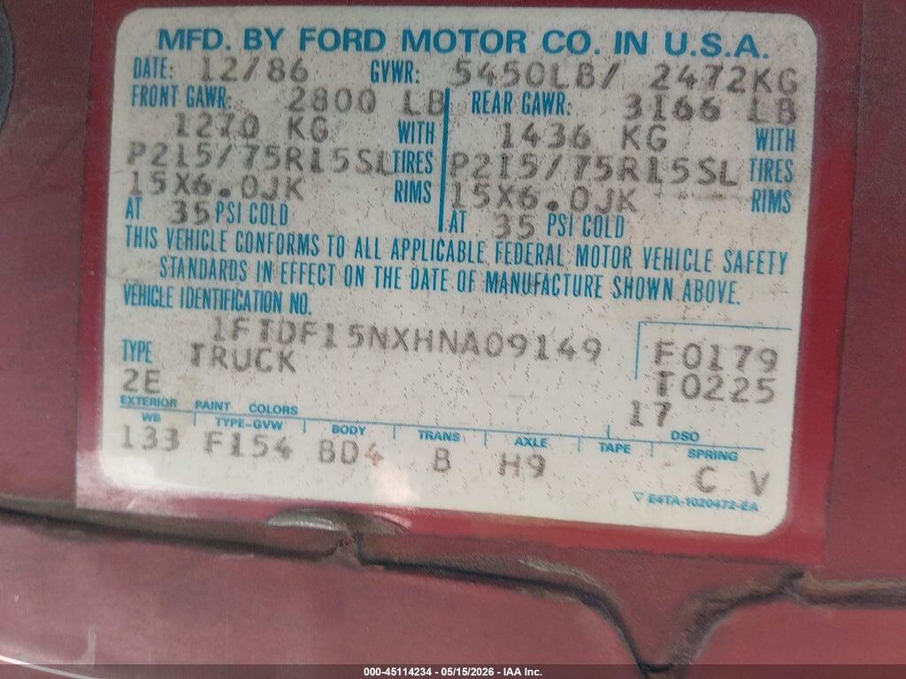 1FTDF15NXHNA09149 1987 FORD F150 photo no. 9