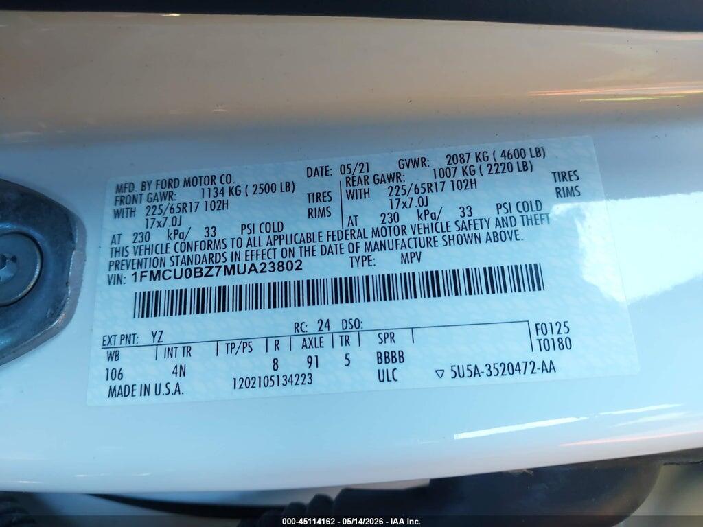 1FMCU0BZ7MUA23802 2021 FORD ESCAPE photo no. 9