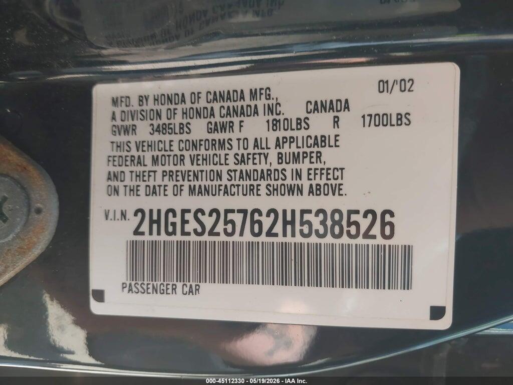 2HGES25762H538526 2002 HONDA CIVIC photo no. 9