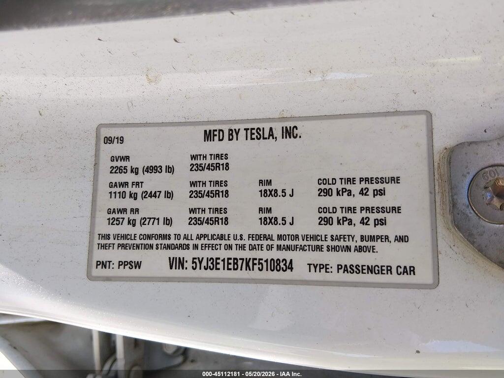 5YJ3E1EB7KF510834 2019 TESLA MODEL 3 photo no. 9