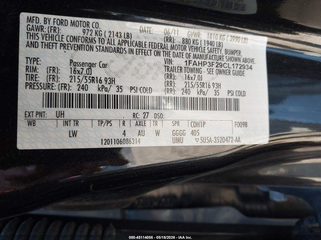 1FAHP3F29CL172934 2012 FORD FOCUS photo no. 9