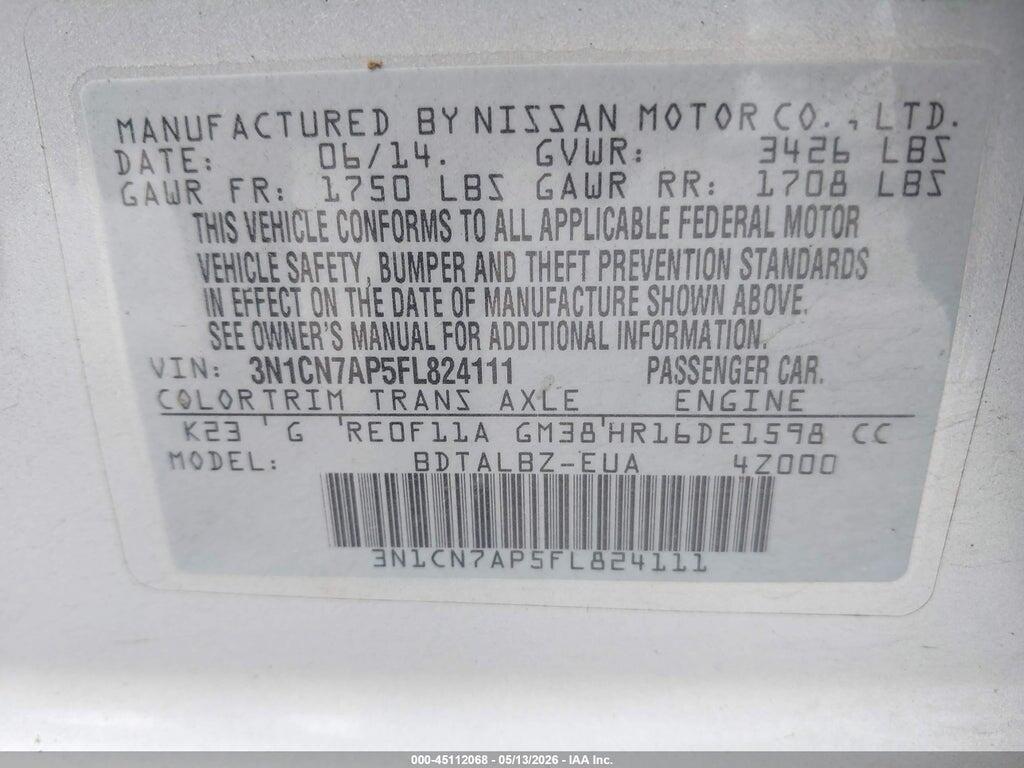 3N1CN7AP5FL824111 2015 NISSAN VERSA photo no. 9
