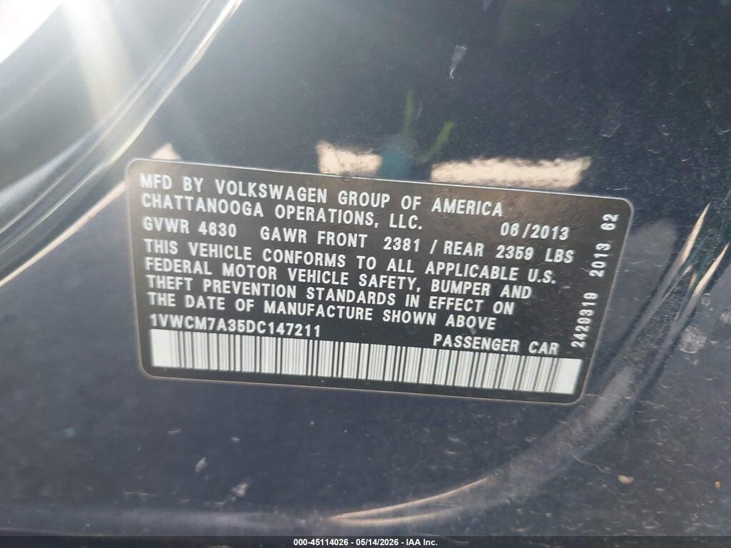 1VWCM7A35DC147211 2013 VOLKSWAGEN PASSAT photo no. 9