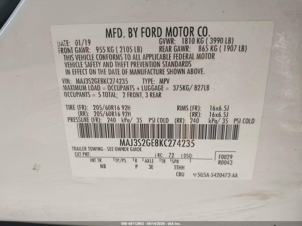 MAJ3S2GE8KC274235 2019 FORD ECOSPORT photo no. 9