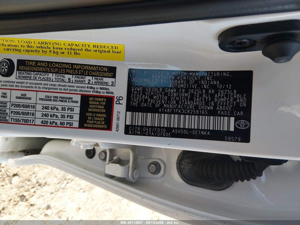 4T4BF1FK3CR259165 2012 TOYOTA CAMRY photo no. 9