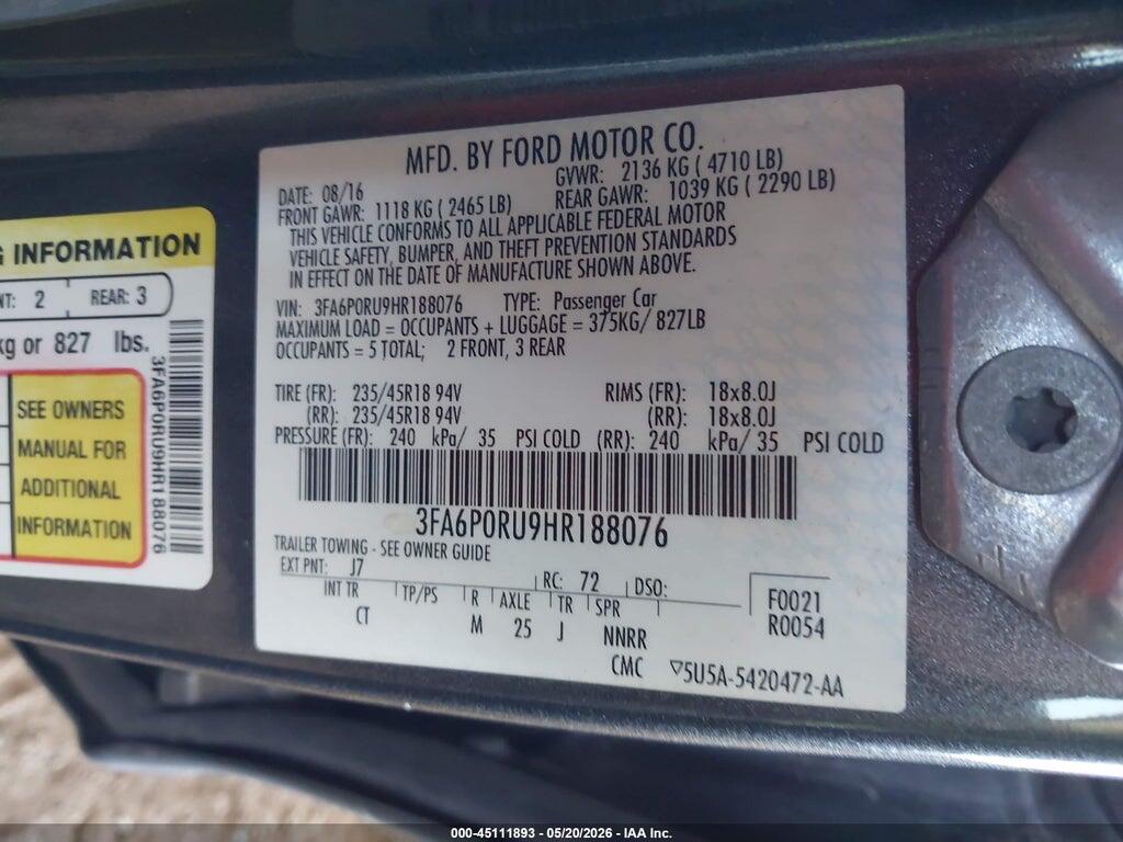 3FA6P0RU9HR188076 2017 FORD FUSION HYBRID photo no. 9
