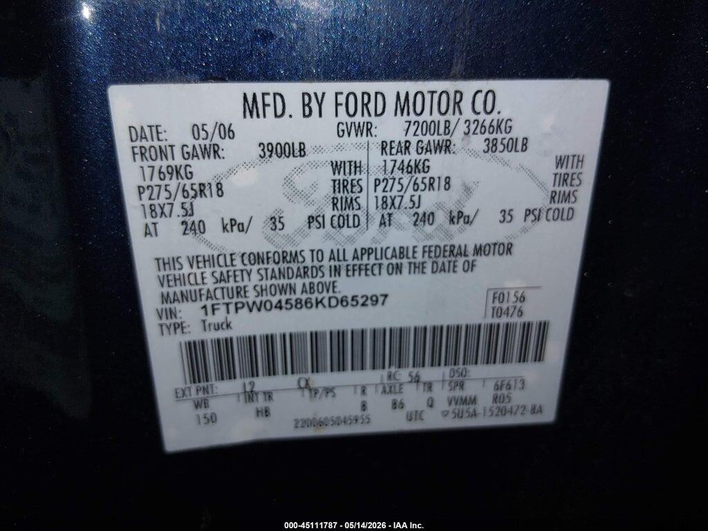 1FTPW04586KD65297 2006 FORD F-150 photo no. 9