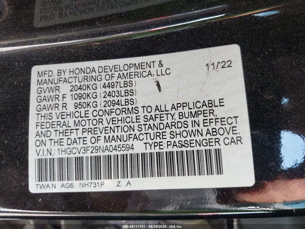 1HGCV3F29NA045594 2022 HONDA ACCORD HYBRID photo no. 9