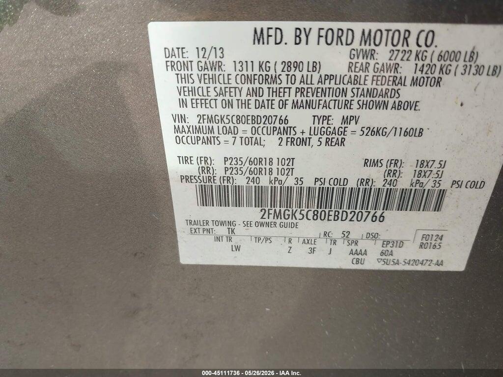 2FMGK5C80EBD20766 2014 FORD FLEX photo no. 9