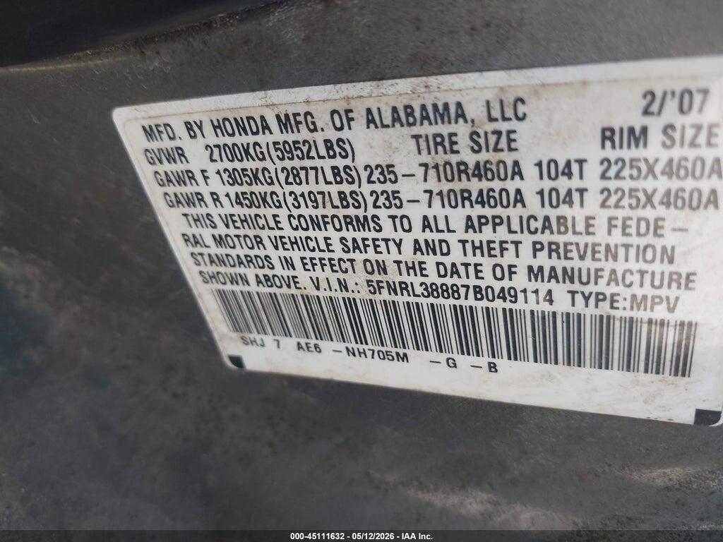 5FNRL38887B049114 2007 HONDA ODYSSEY photo no. 9