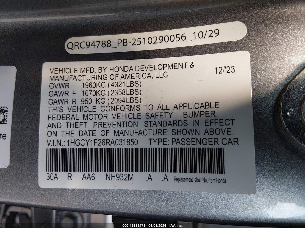 1HGCY1F26RA031850 2024 HONDA ACCORD photo no. 9