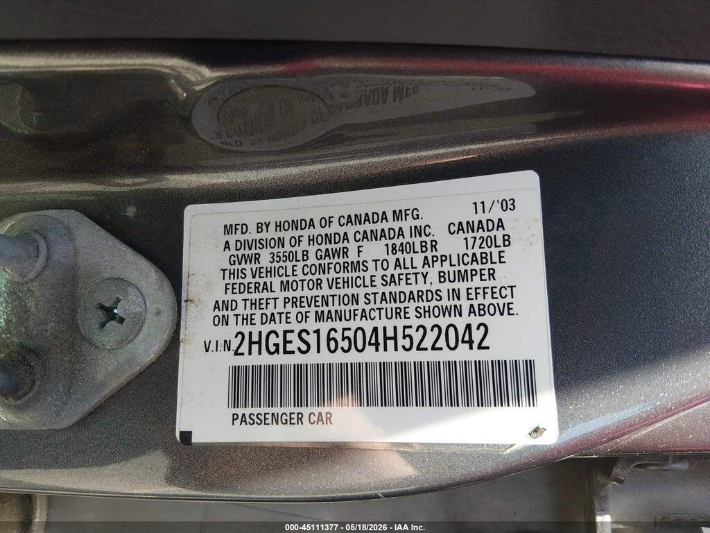 2HGES16504H522042 2004 HONDA CIVIC photo no. 9