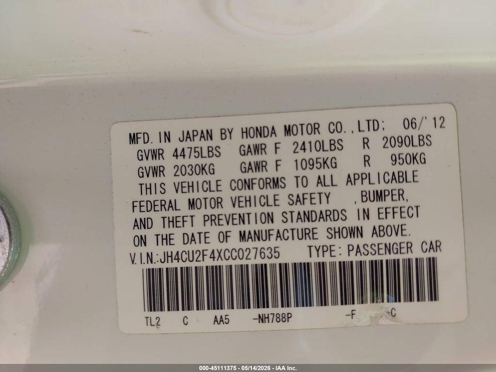 JH4CU2F4XCC027635 2012 ACURA TSX photo no. 9