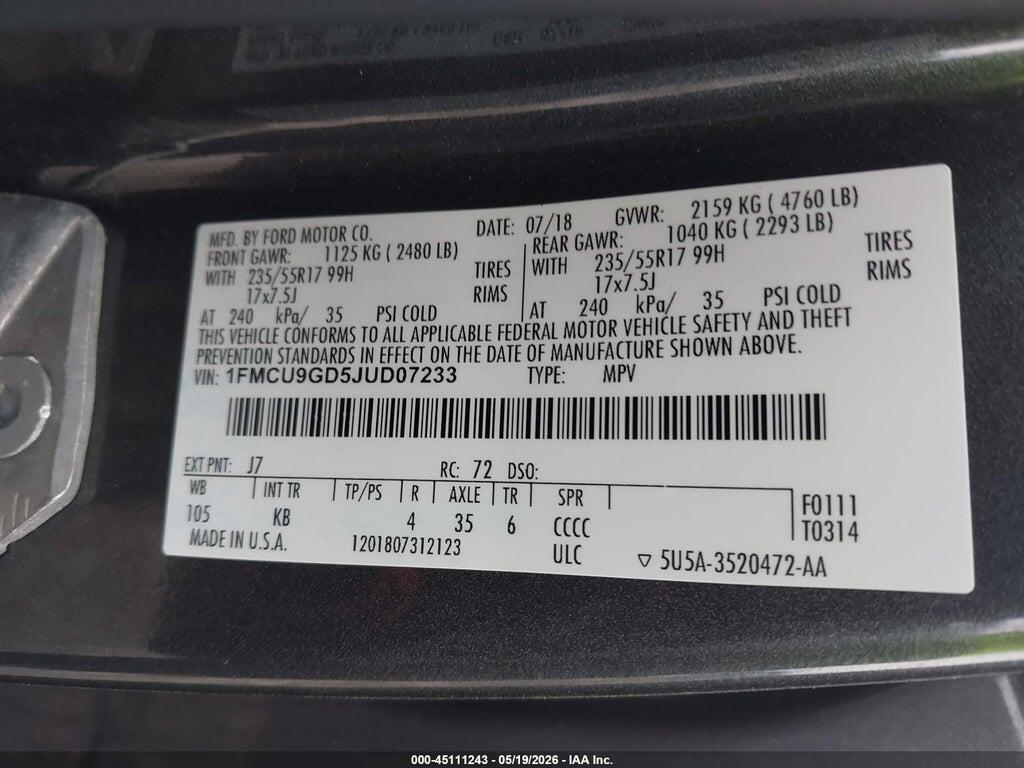 1FMCU9GD5JUD07233 2018 FORD ESCAPE photo no. 9