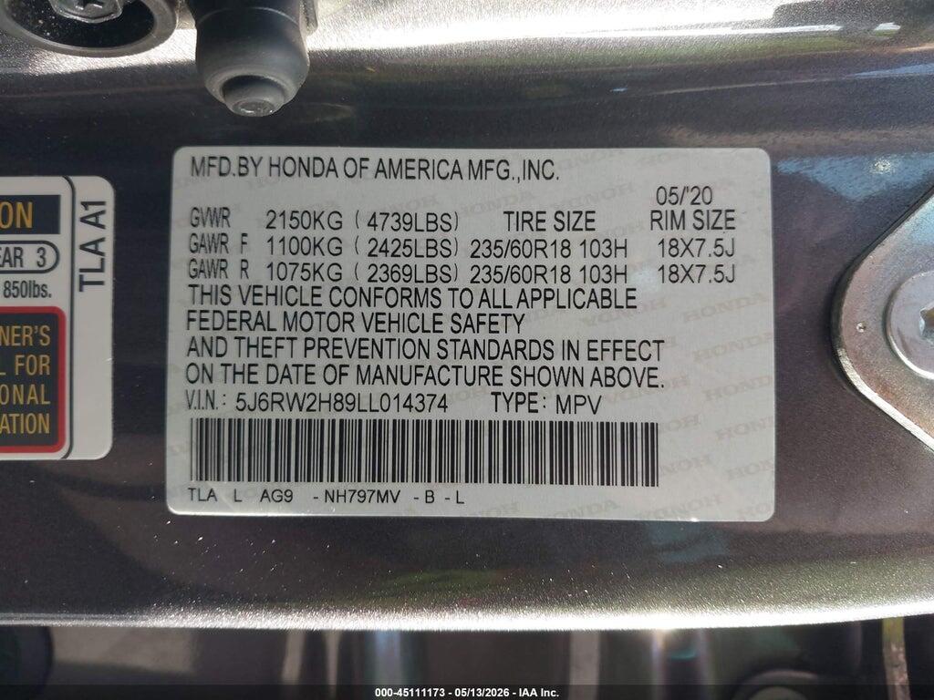 5J6RW2H89LL014374 2020 HONDA CR-V photo no. 9