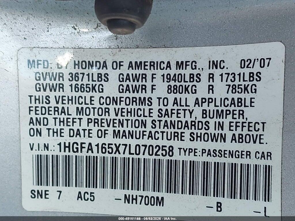1HGFA165X7L070258 2007 HONDA CIVIC photo no. 9