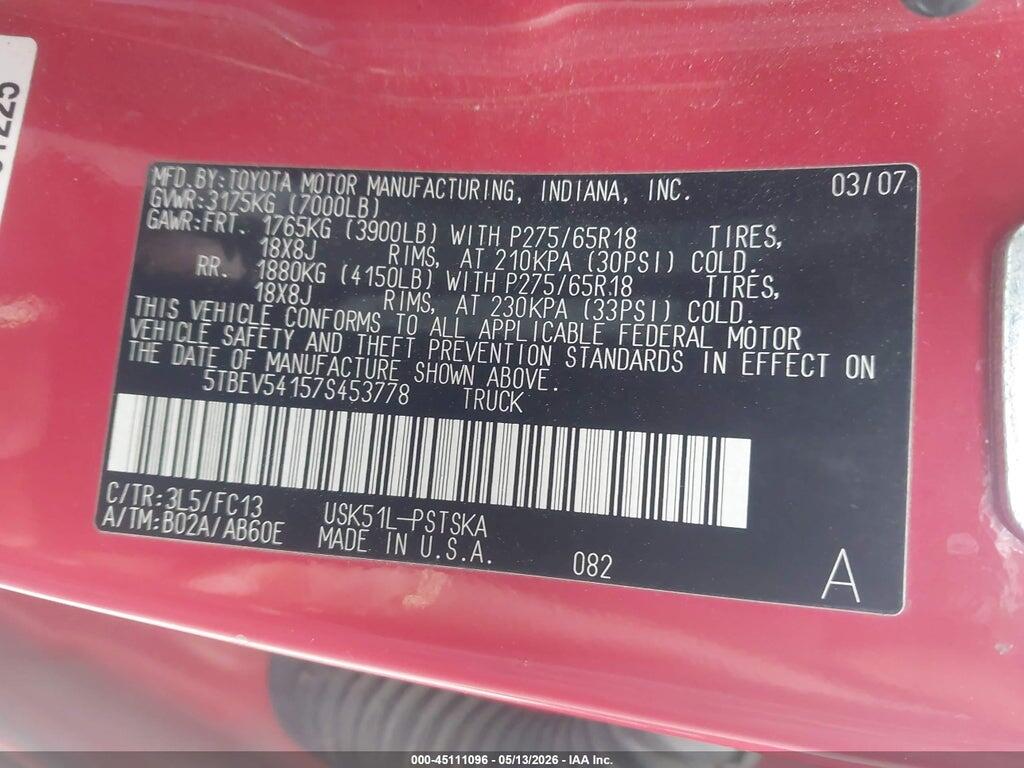 5TBEV54157S453778 2007 TOYOTA TUNDRA photo no. 9
