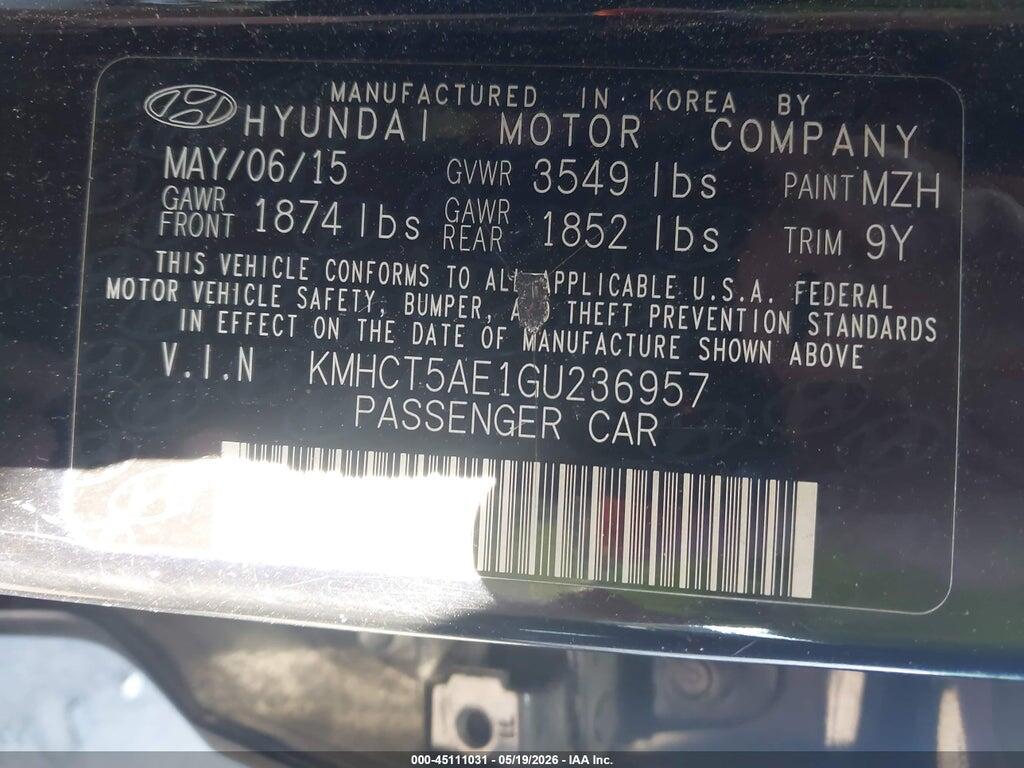 KMHCT5AE1GU236957 2016 HYUNDAI ACCENT photo no. 9