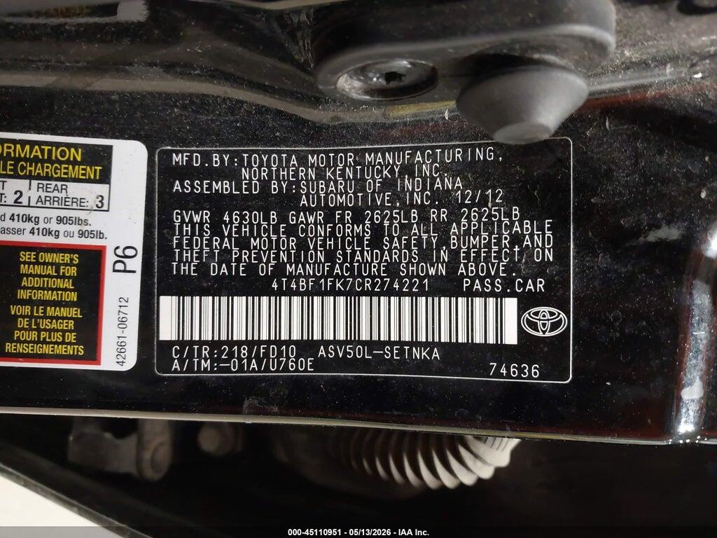 4T4BF1FK7CR274221 2012 TOYOTA CAMRY photo no. 9