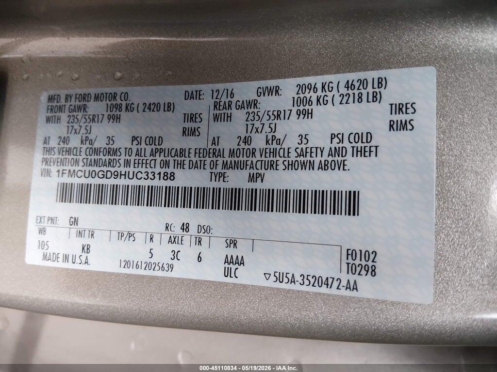 1FMCU0GD9HUC33188 2017 FORD ESCAPE photo no. 9