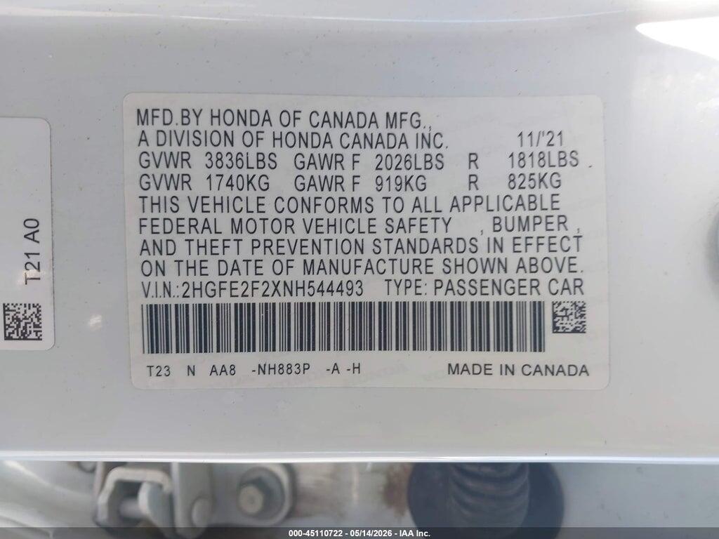 2HGFE2F2XNH544493 2022 HONDA CIVIC photo no. 9