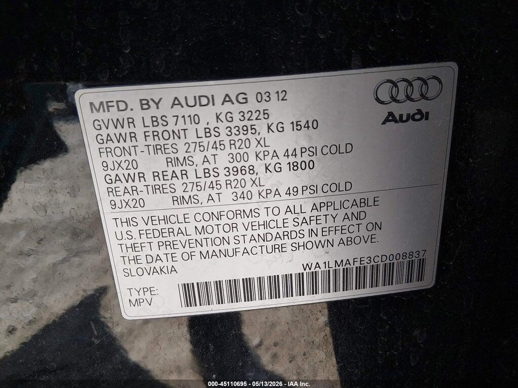 WA1LMAFE3CD008837 2012 AUDI Q7 photo no. 9