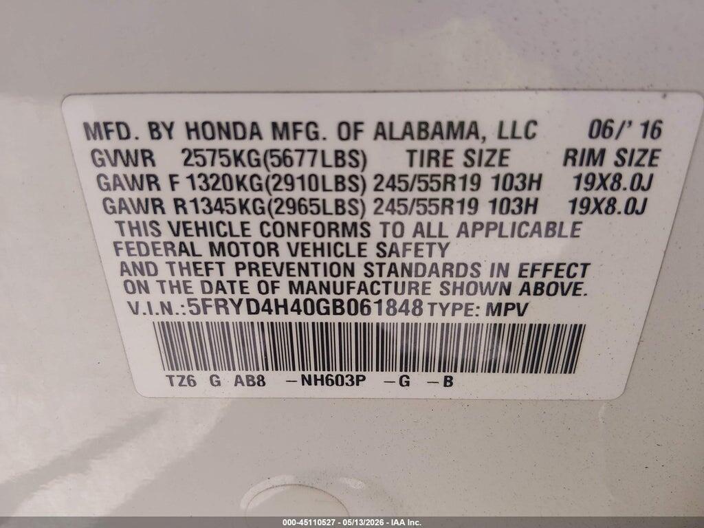 5FRYD4H40GB061848 2016 ACURA MDX photo no. 9