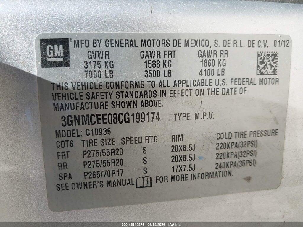 3GNMCEE08CG199174 2012 CHEVROLET AVALANCHE 1500 photo no. 9