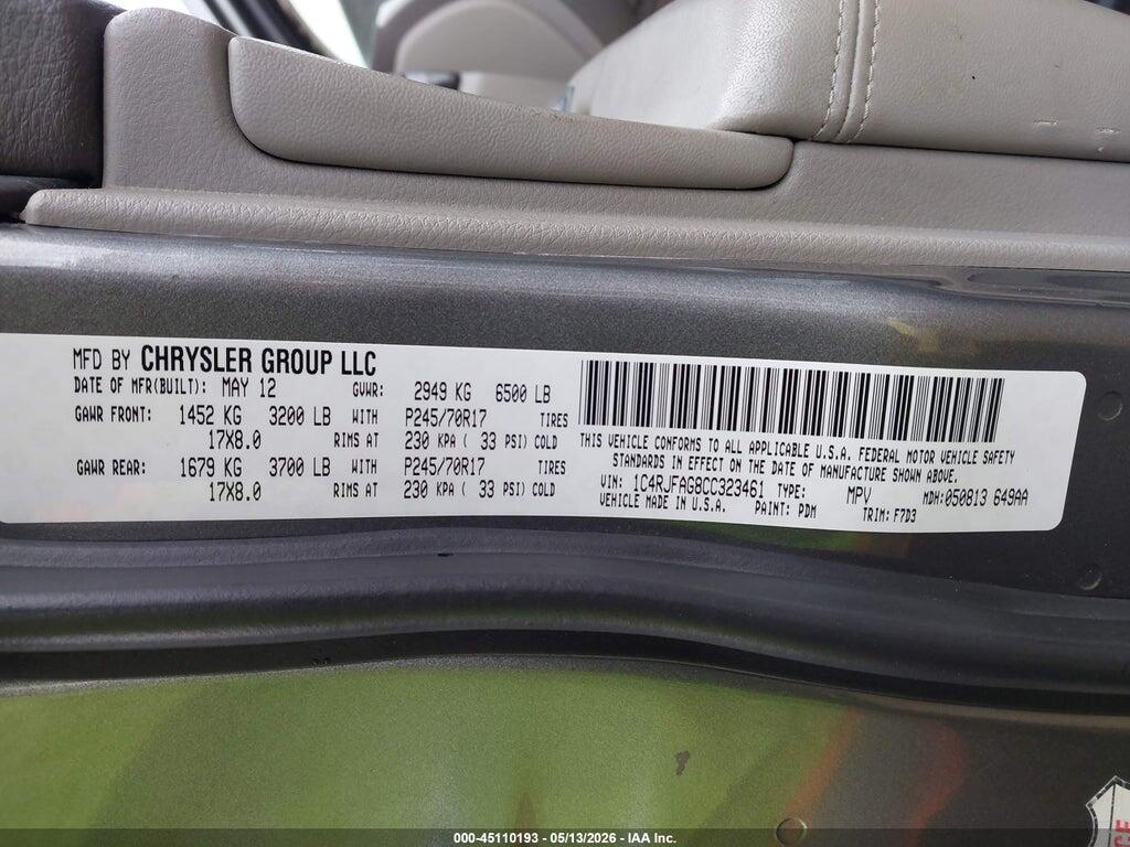 1C4RJFAG8CC323461 2012 JEEP GRAND CHEROKEE photo no. 9