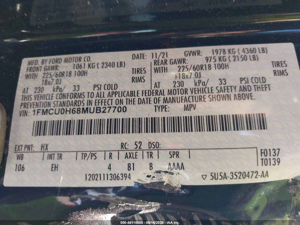 1FMCU0H68MUB27700 2021 FORD ESCAPE photo no. 9